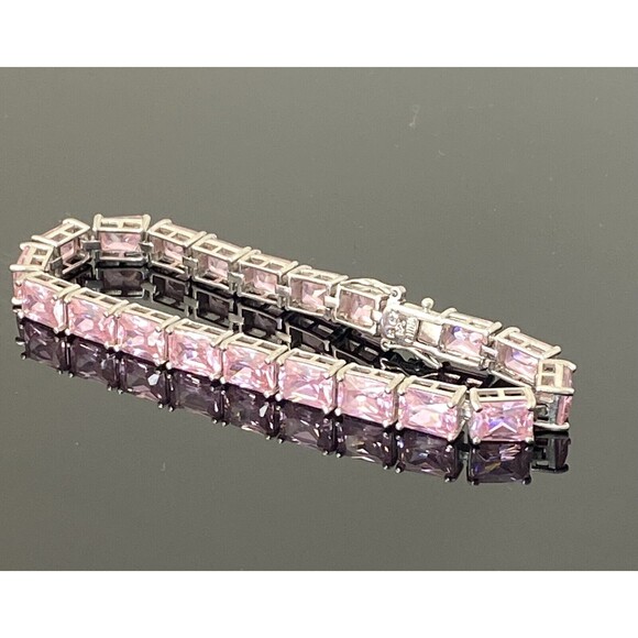 Ross-Simons 925 Sterling Silver Pink Cubic Zirconia Tennis Bracelet. Prong 7" - Picture 2 of 11